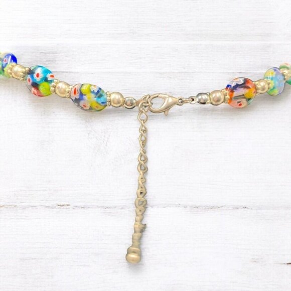 Millefiori Art Glass Necklace Multicolor Floral Design Gold Faux Pearl 15.5"L - Picture 2 of 4